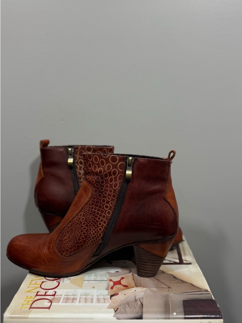 Women's Cognac Leather Ankle Booties with Decorative Cutouts - Picture 12 of 16